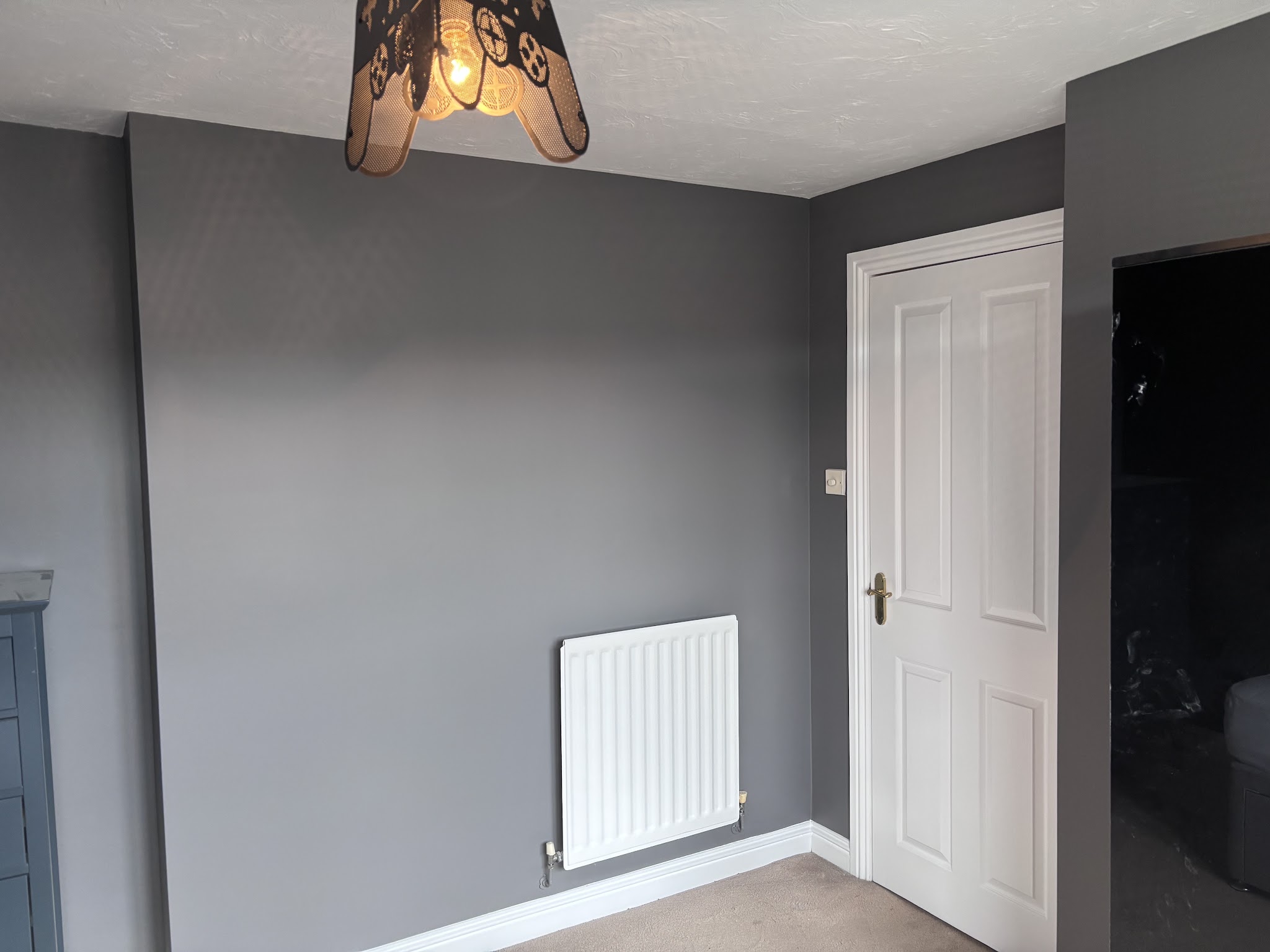 Grey painted room with crisp white skirting and door